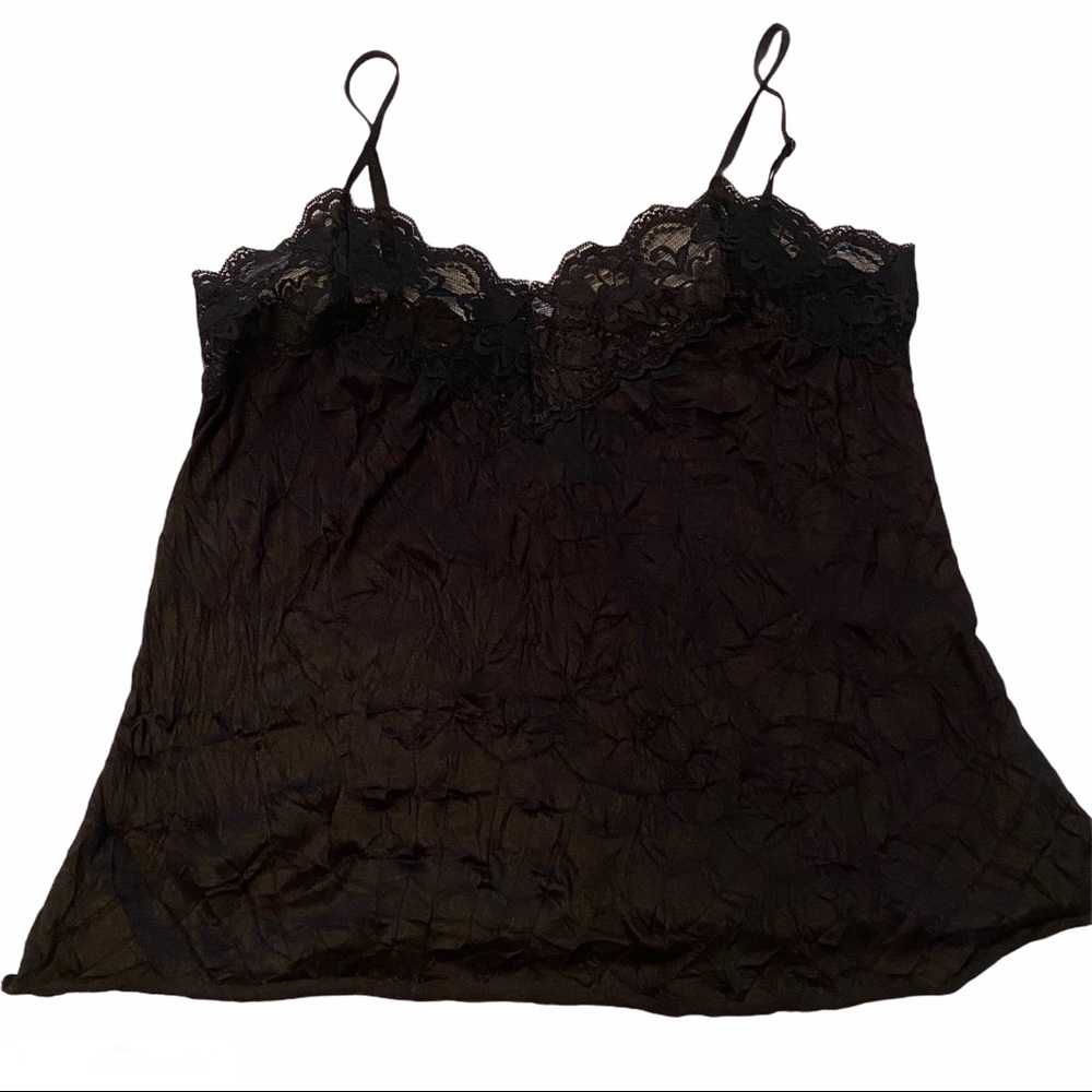 Cacama Black Camisole Tank Lace Crinkled Wrinkled Shirt Top Large Shell